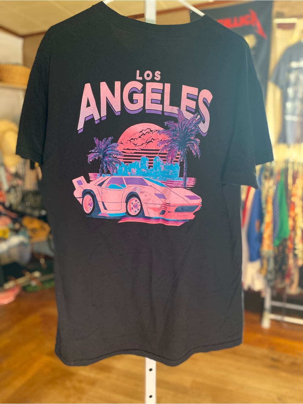 Los Angeles Retro Car Graphic Tee - Black with Pink & Blue Design